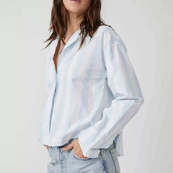 We The Free Button Down Striped Light Blue White Kelia Trapeze Boho Shirt Medium - Picture 2 of 16